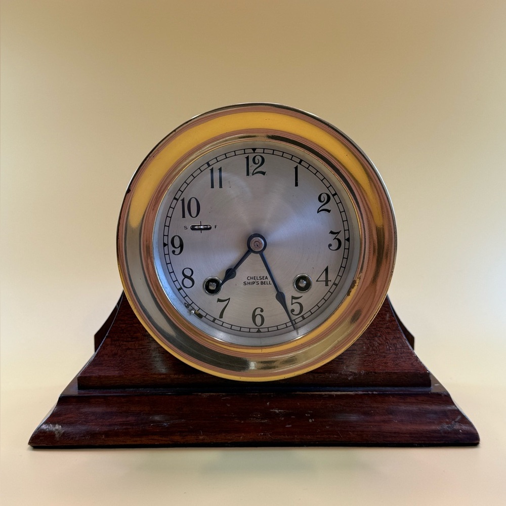 1950's Chelsea Brass 4½" Ship’s Bell Clock With  Mahogany Base